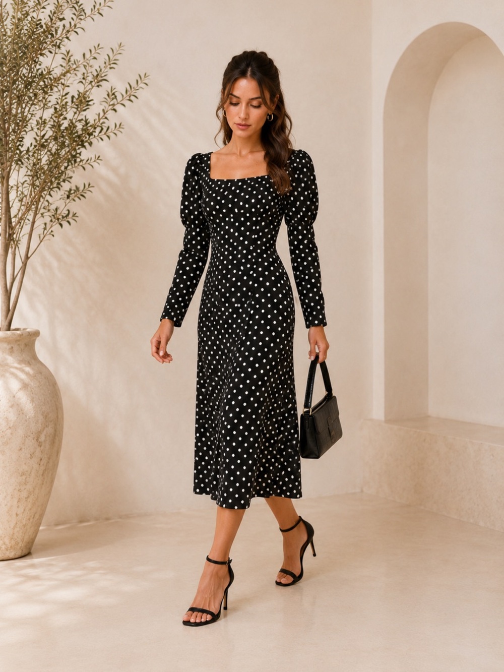 Charmed and Classy Black Polka Dot Long Sleeve Midi Dress size XS